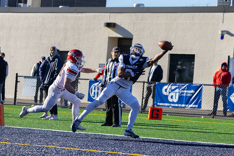 The Ithaca College football team defeated the St. Lawrence University Saints in its final home game of the season. Pictured, sophomore wide receiver Nicholas Lang makes a one-handed catch in the end zone.