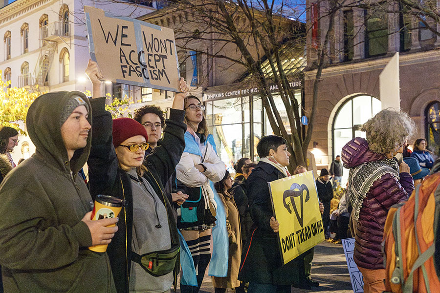 Members of the Ithaca community gathered Nov. 8 to participate in a “Unity Against Facism” rally to discuss what is at stake after the election. President-elect Donald Trump won the electoral and popular vote in the 2024 presidential election. 