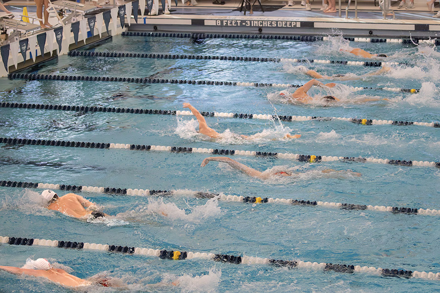 The Ithaca College men and women's swimming and diving teams defeated the SUNY Cortland Red Dragons at the Kelsey Partridge Bird Natatorium Nov. 9. Pictured, the Bombers' men's team competes against the Red Dragons' men's team.