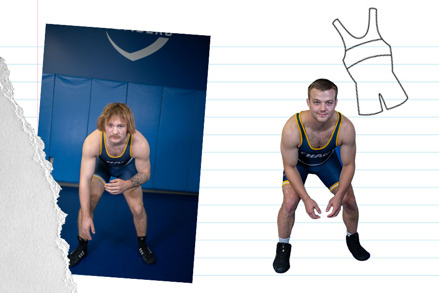 From left, sophomore Jake Jones and Jackson Gray. After sending five athletes to nationals last season, the Ithaca College men's wrestling team is pushing for a long-awaited NCAA Division III Championship title, led by experienced returners and talented newcomers.