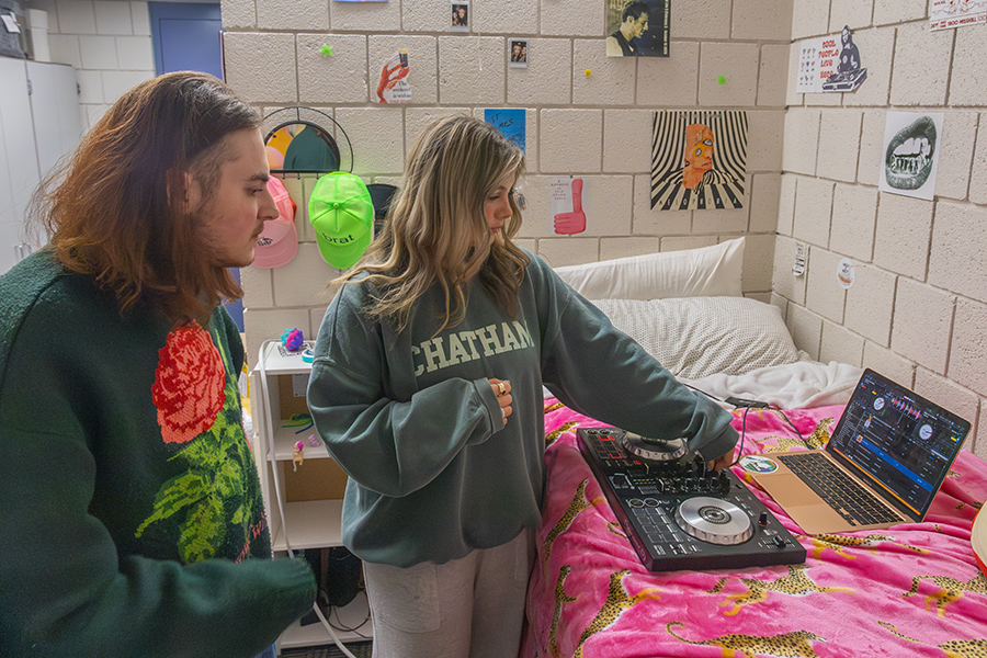 Sophomores Ari Klein and Maddie Schnitzlein get together weekly in Schnitzlein's Emerson Hall dorm room to perfect their original beats for their gigs downtown.  