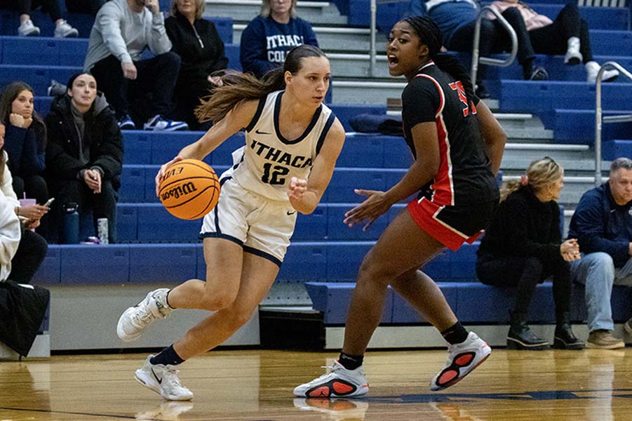 The Ithaca College women's basketball team defeated the Bard College Raptors at Ben Light Gymnasium Dec. 7. Pictured, sophomore forward Elizabeth Majka drives toward the basket.