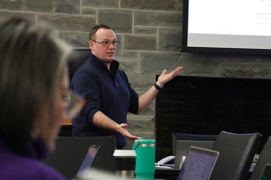 David Gondek, chair of the council and associate professor in the Department of Biology, brought up potentially reducing the number of committees faculty are required to serve on, and the required number of participants on each committee. 