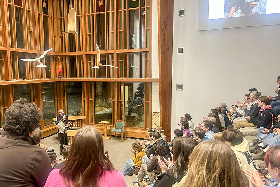 Nearly 200 people filled the narrow seats of Muller Chapel to hear Holocaust survivor Ronald Hoffmann share his experiences as a young boy during the genocide.
