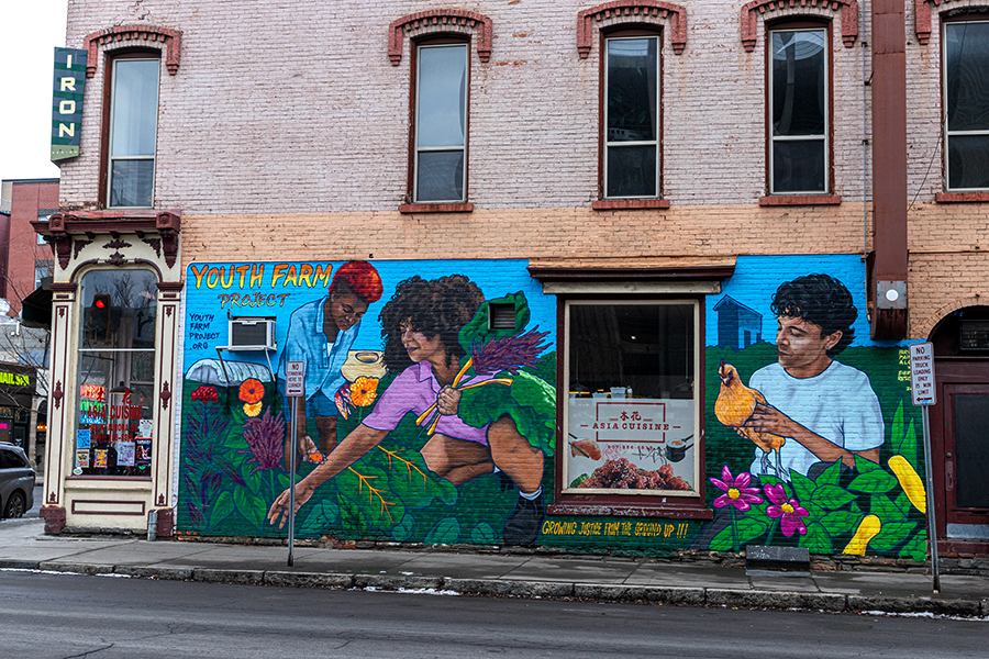 Ithaca showcases arts vibrancy through a multitude of murals. "Youth Farm Mural" on Aurora St. is one of many murals facilitated by Ithaca Murals.