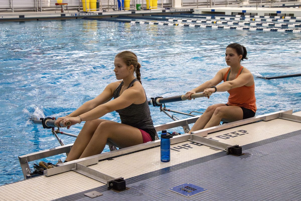 The Ithaca College rowing teams split its practice times between the boat house and on campus. The women's team practices at the Kelsey Partridge Bird Natatorium 