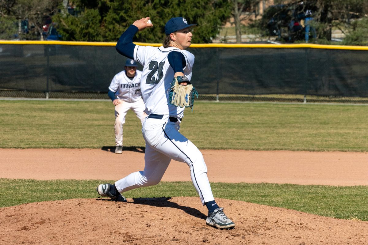 The Ithaca College baseball team returned to Valesente Diamond at Freeman Field and swept its three game series with the St. Lawrence University Saints. Sophomore pitcher Trevor Greene delivers a strike to the batter.