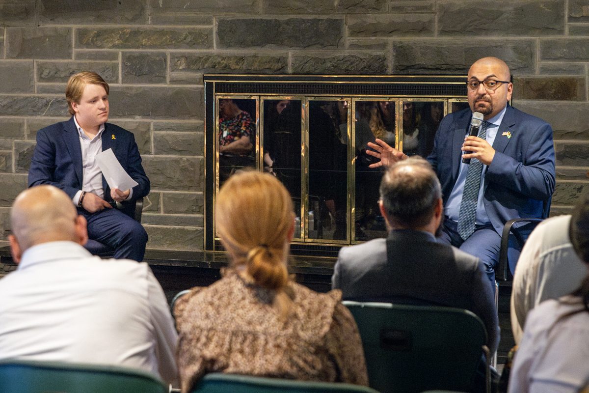 From left, sophomore Benjamin Epstein moderated the discussion, titled “Breaking Cycles of Dehumanization," with Ahmed Fouad Alkhatib, a pro-Palestine activist and resident senior fellow at the Atlantic Council. 