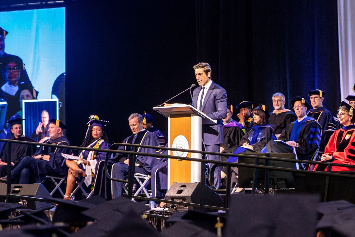 David Muir ’95 walked on stage to a series of gasps, which quickly turned into cheers and applause. 

