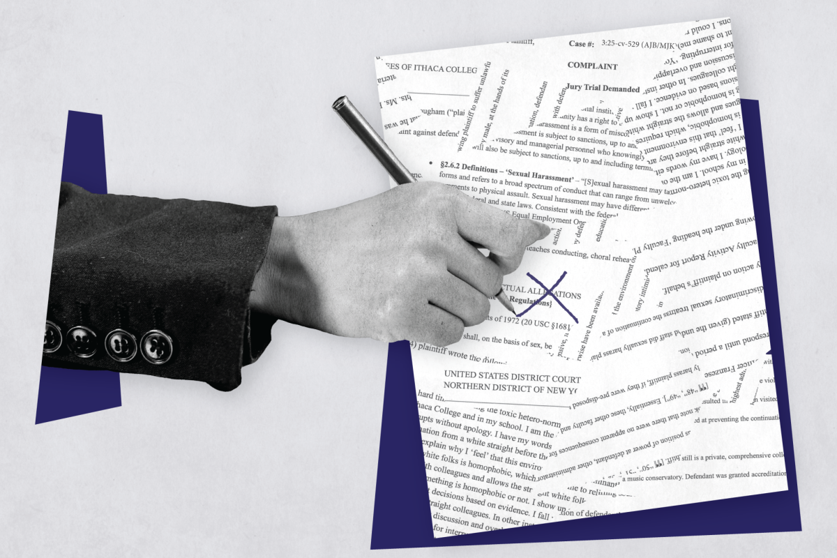 Ithaca College released its response to the claims made by IC professor Brad Hougham on June 27 in which a motion for dismissal was requested. (Illustration by Kaiden Chandler/The Ithacan; photo by Mikhail Nilov/Pexels)