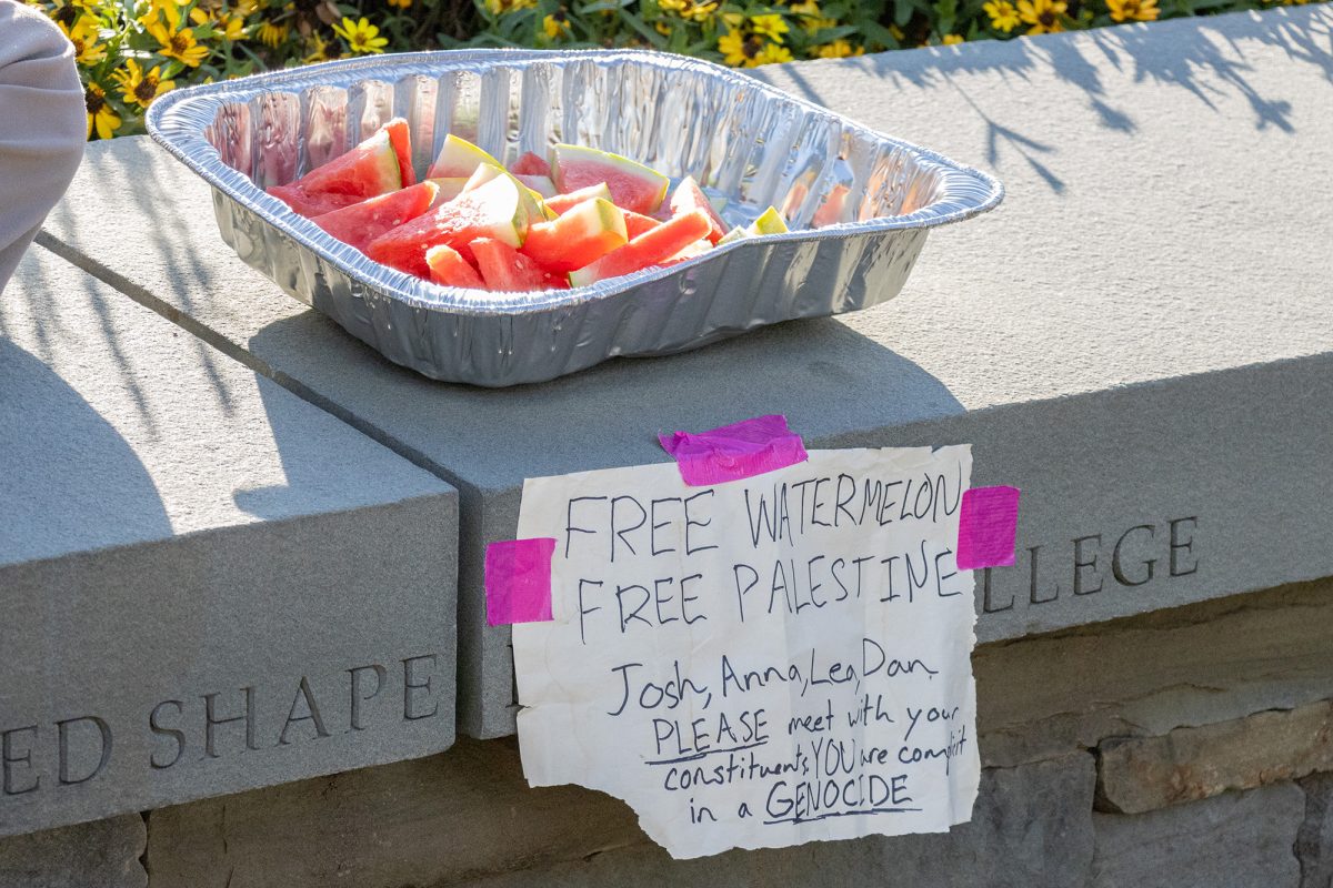 Free watermelon was offered at the rally by an Ithaca community member. Watermelon has long been a symbol of Palestinian liberation due to the similarity of it's colors to the Palestinian flag. 