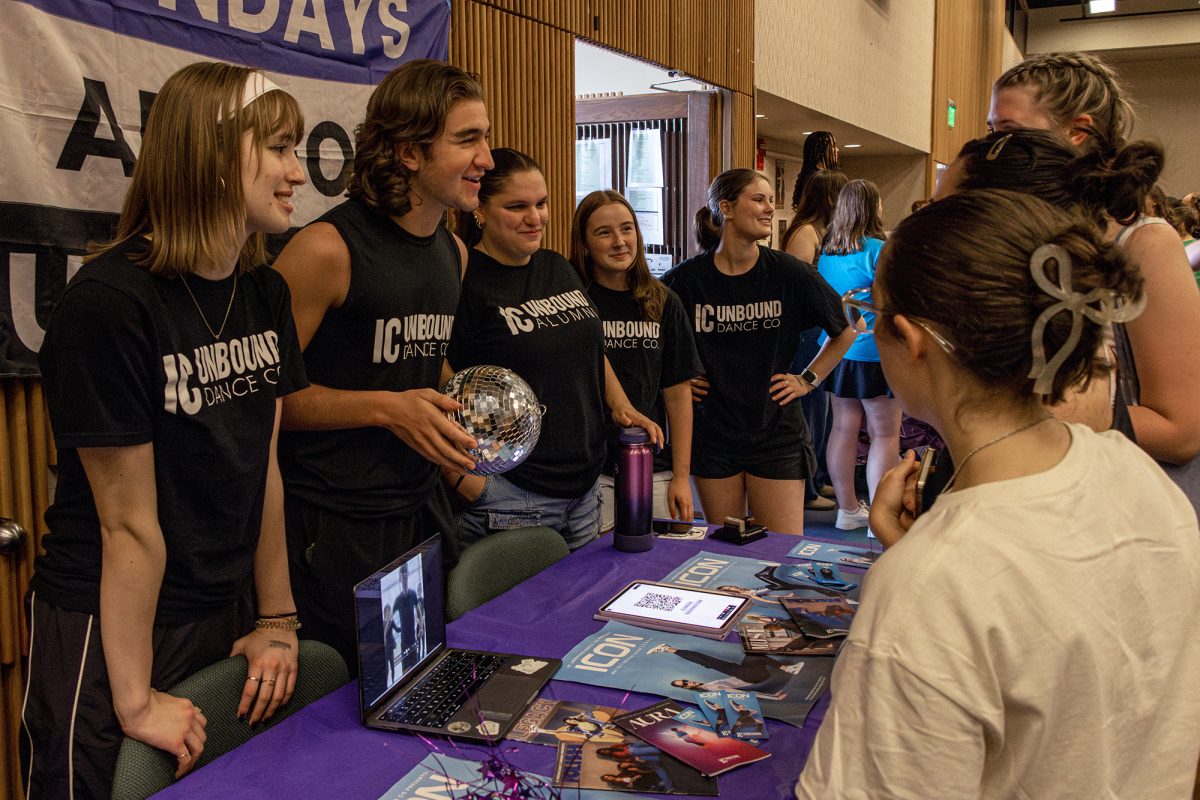 From left, sophomore Natalie Steves, senior Tyler Long, graduate student Mary Rion, junior Eliza Warner and sophomore Kira Meehan tabling for IC Unbound at the Student Organization and Employment Fair. 