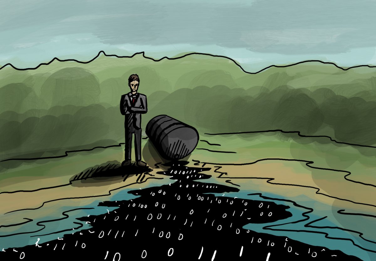 a business man stands at the edge of a body of water with a drum of oil that has spilled into the water, with 0s and 1s filling the oil spill