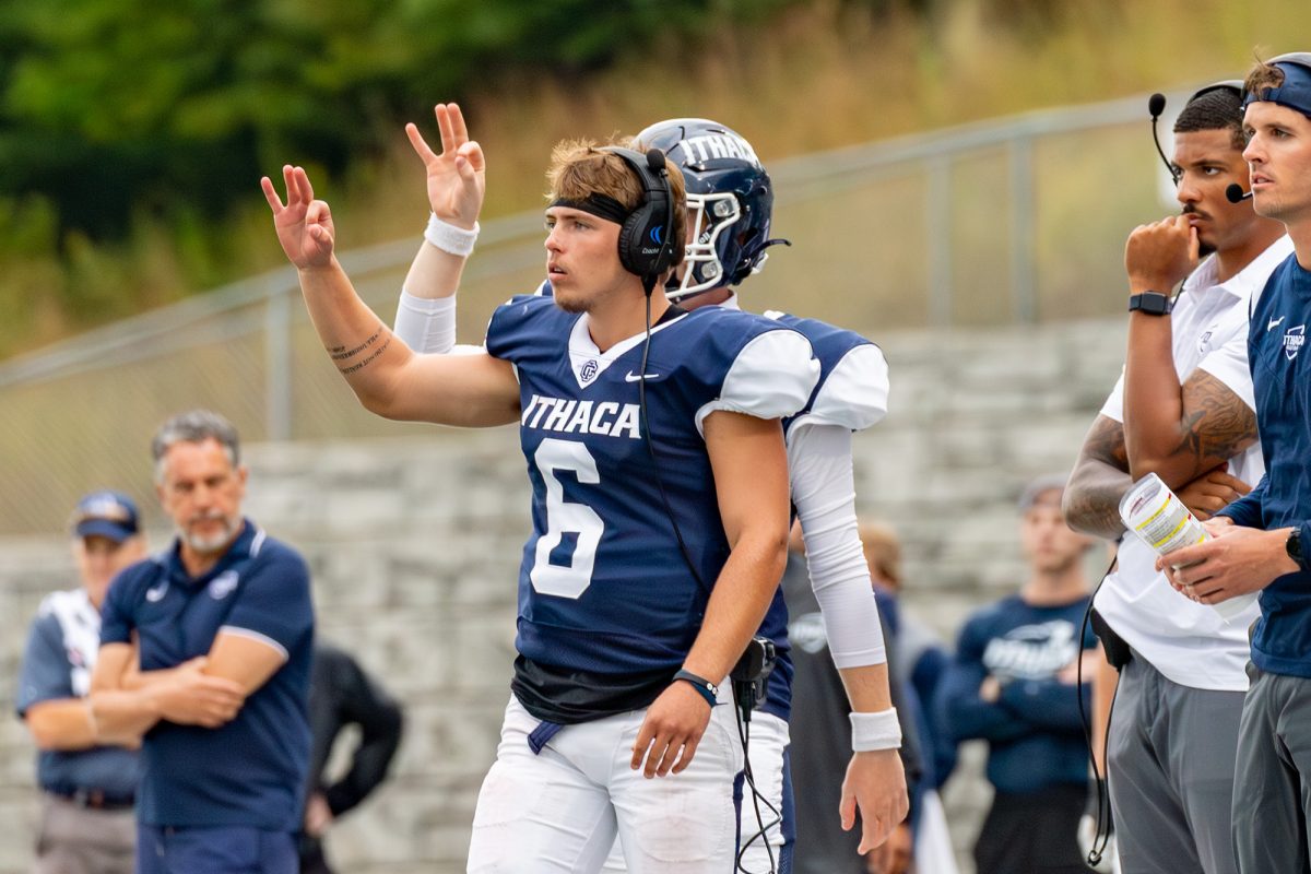 Junior quarterback Tyler Wolfe gestures from the sideline during the Bombers' 42-14 loss against the Johns Hopkins University Blue Jays.