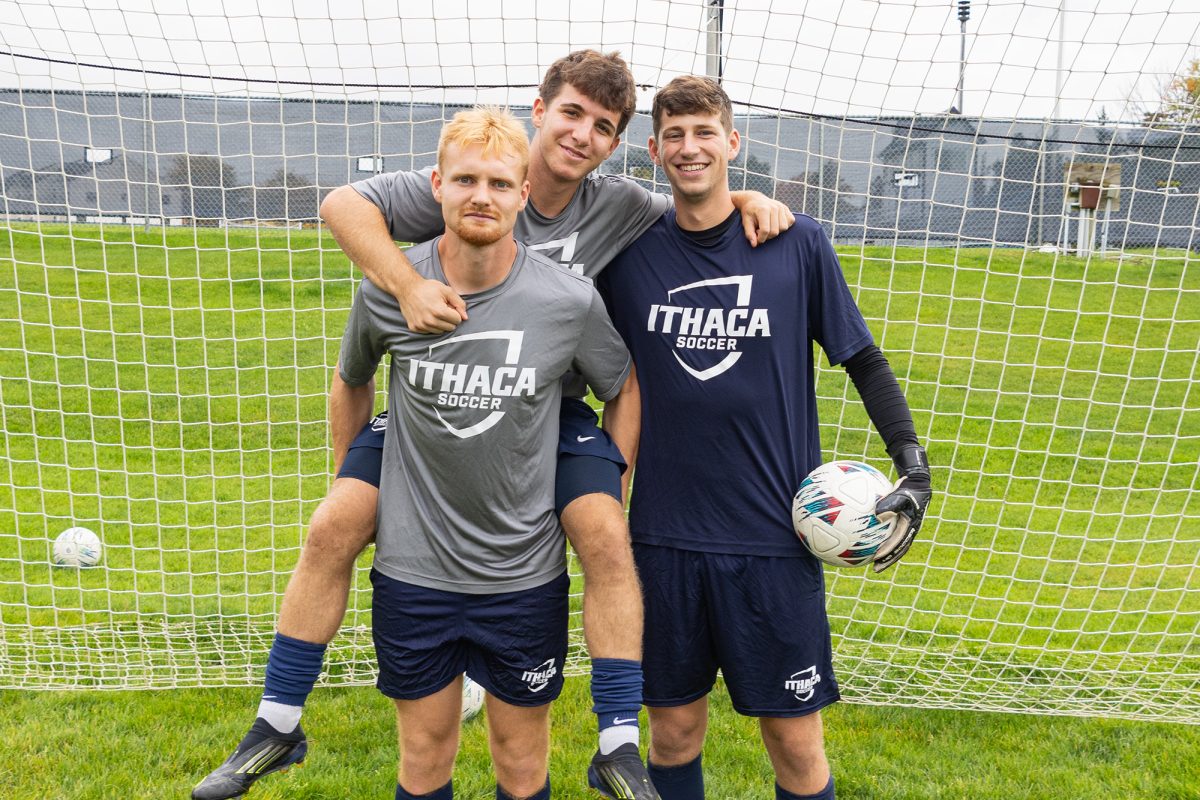 From left, graduate student defender Ikey Borden, first-year defender CJ Abbott and senior goalkeeper Bryson Shaull.