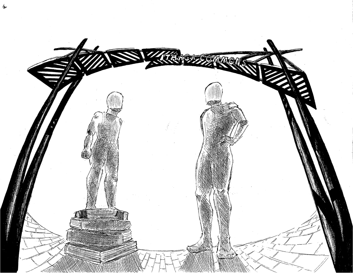 Two faceless figures stand under the Ithaca Commons sign. The shorter figure stands on a pile of books, bringing them to eye level with the other.