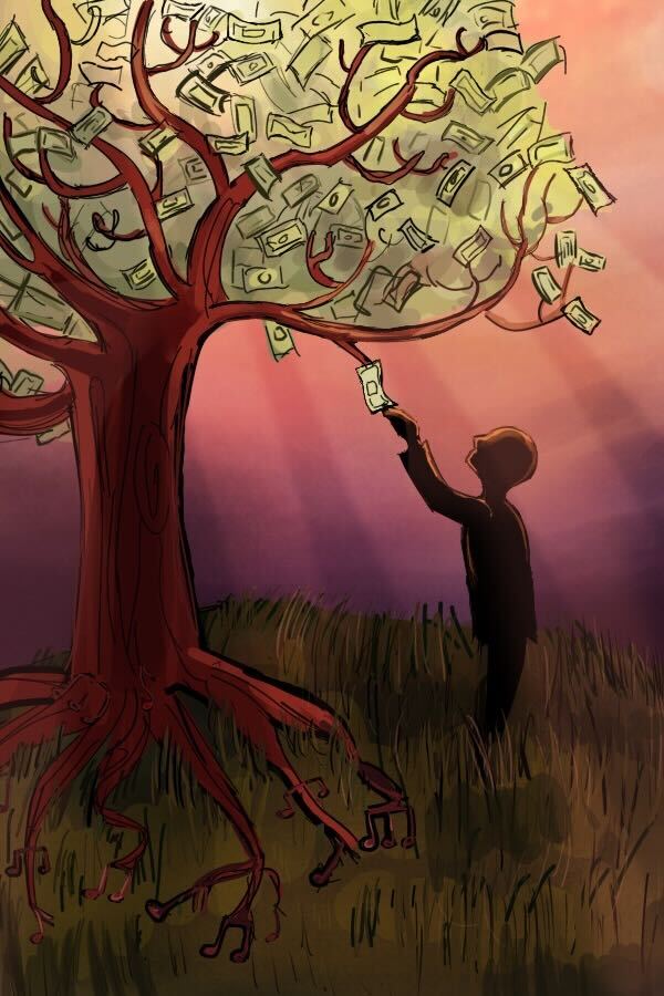 A person in a suit plucks a dollar off of a tree. The trees leaves are hundreds of dollars, and underground, the roots are music notes.