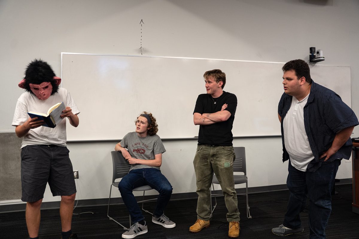 From left, IC Sketch Club members Cormac Abbey '26, Will Delaney '26, Sander Markley '27 and Riley Freedman '27 collaborate on a sketch during a rehearsal for their show.  