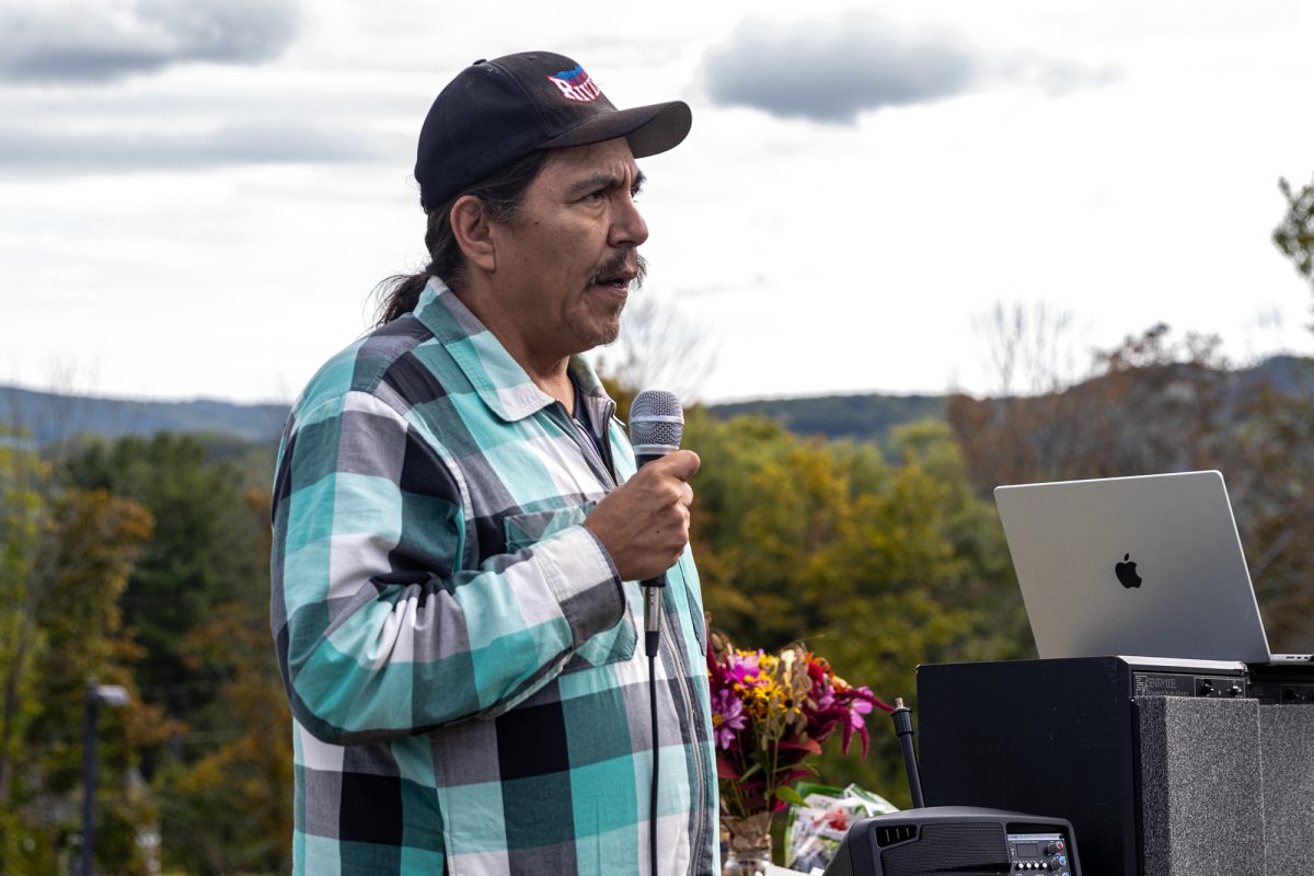 Stephen Henhawk, member of the Indigenous Gayogo̱hó:nǫʼ Nation and research associate of the American Indian and Indigenous Studies Program at Cornell University, talks at the Standing Forest: A Gayogo̱hó:nǫʼ Perspective event on Sept. 8. 