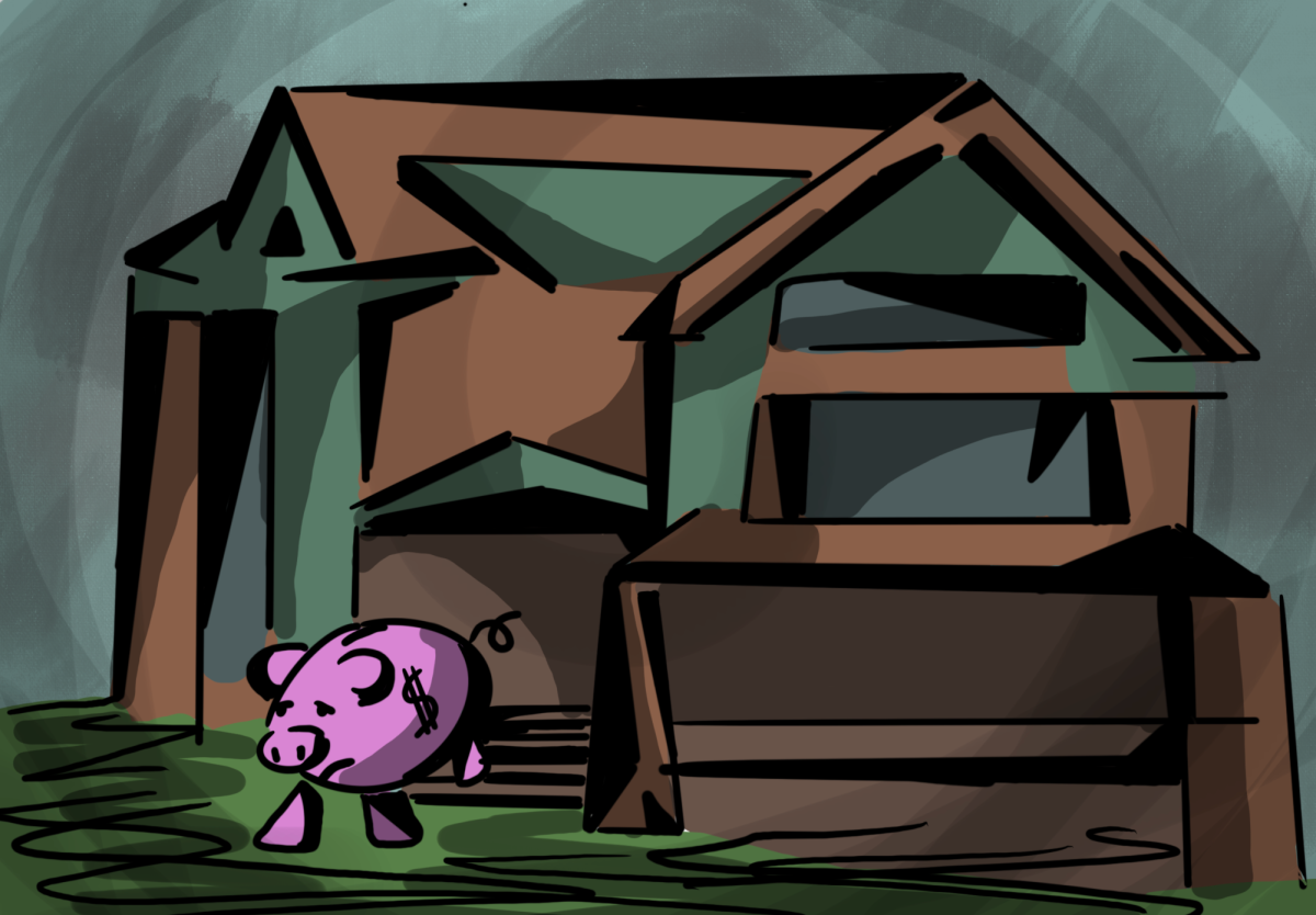 a pink piggy bank walks out the front door of a brown and green house