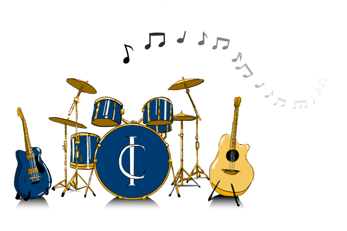 instruments for a band stand on a white background with music notes fading away the farther they get