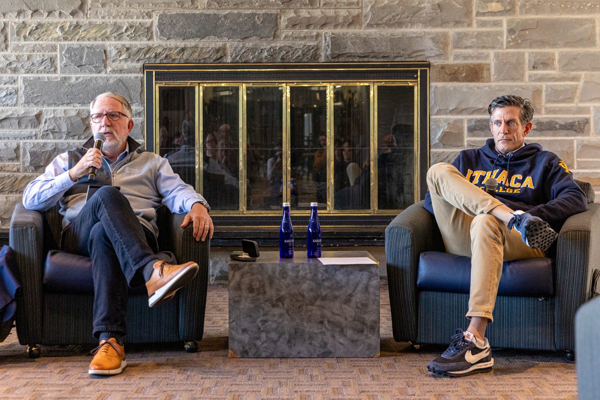 From left, John Neeson ’84, chair of the Ithaca College Board of Trustees, and Chris Palmieri ’96, vice chair of the board of trustees, held an open conversation Oct. 10 to recap its Fall 2025 meetings and answer questions from about 25 people who attended the open conversation.