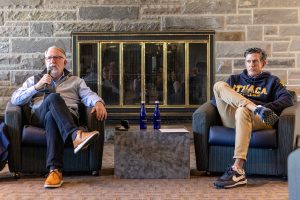 From left, John Neeson ’84, chair of the Ithaca College Board of Trustees, and Chris Palmieri ’96, vice chair of the board of trustees, held an open conversation Oct. 10 to recap its Fall 2025 meetings and answer questions from about 25 people who attended the open conversation.