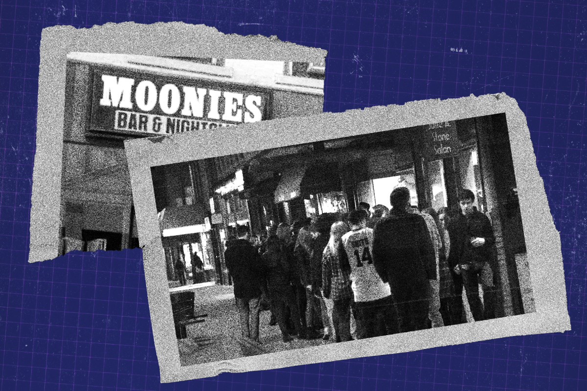 newspaper style clippings of the moonies logo and a picture of students partying layered on top, all on a dark blueish purple background