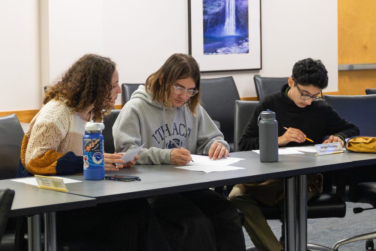 From left, senior Nikki Sutera, sophomore Frankie Weisse and sophomore Ty Sayahi. The council discussed feedback for Ithaca College’s accreditation process and recent student concerns regarding artificial intelligence. 