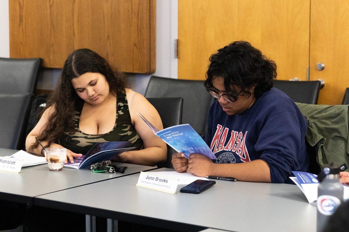 From left, Asata Rothblatt and Juno Brooks. The Ithaca College Student Governance Council met Oct. 27 to hear from Paula Younger, executive director of government, community and constituent relations.