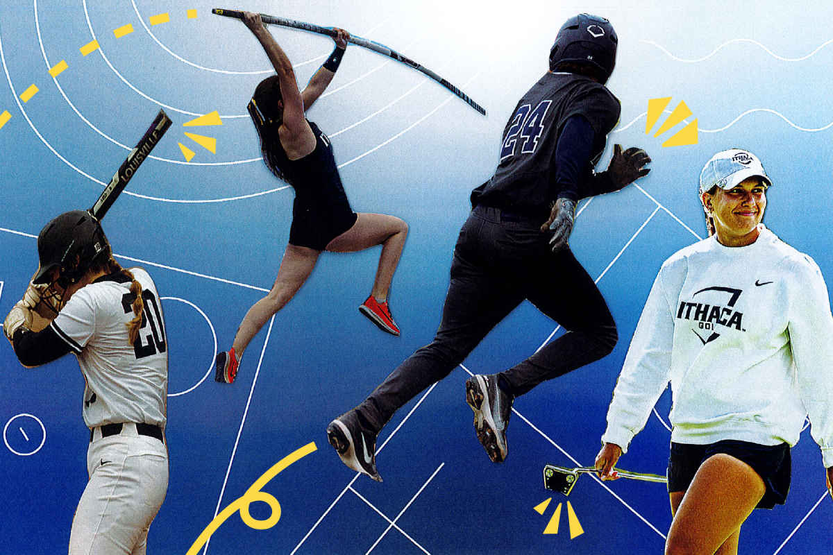 From left, senior catcher Hailey Petrucci, sophomore pole vaulter Teagan Kiger, senior infielder Matt Curtis and junior Madeleine Sutro take on the Spring 2026 season.