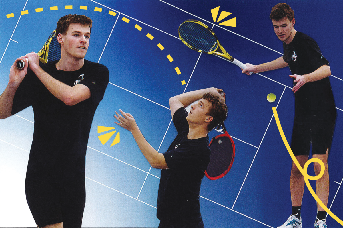 From left, senior Ean Lantzy and junior Gijs Fidler practice in hopes to win the team's first Liberty League playoff match in history.