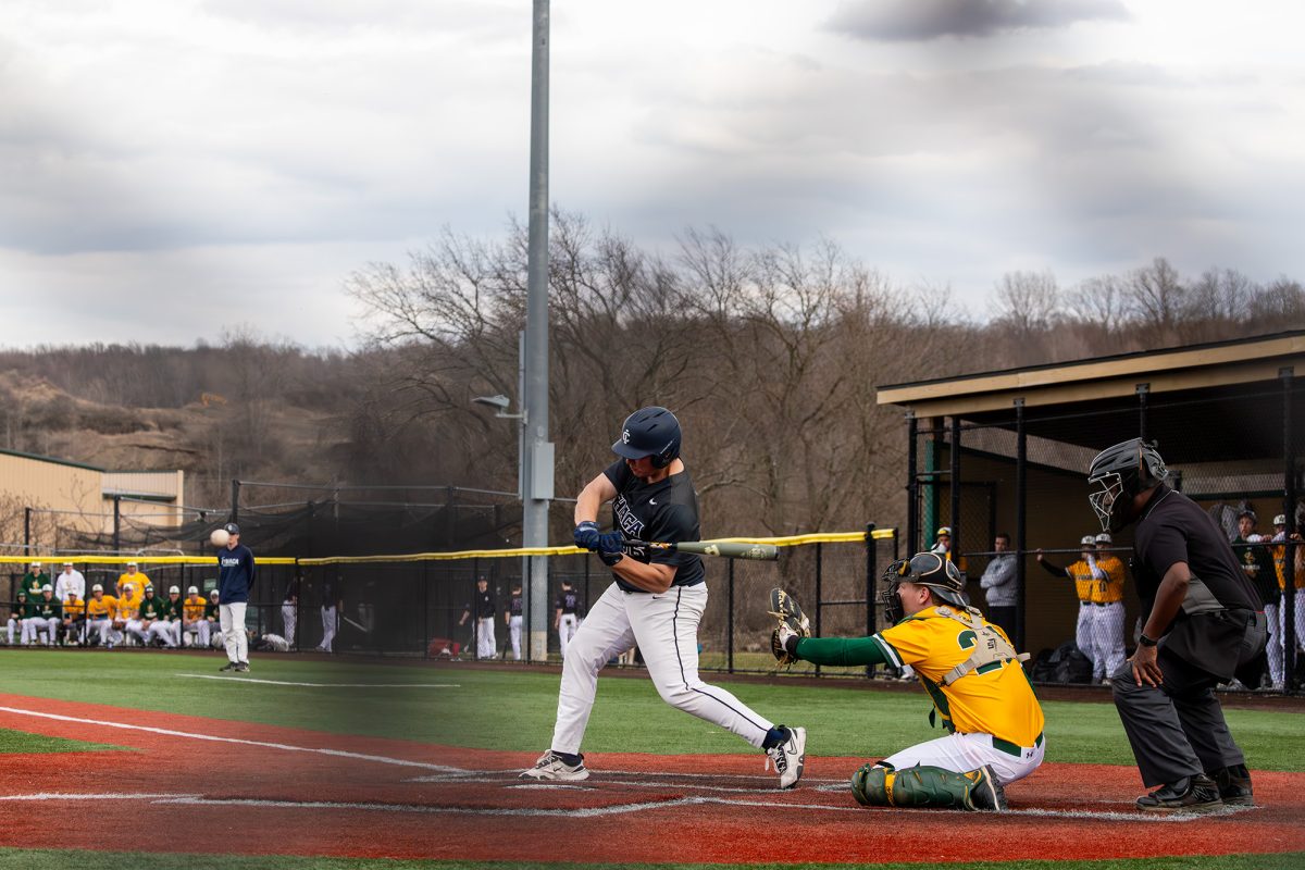 Sophomore first baseman Ethan Fantel homers on a fly ball to left field in a 17-10 rubber match win over Clarkson University on March 30. Fantel’s nine RBIs helped drive an IC offense that produced 32 runs in the series.