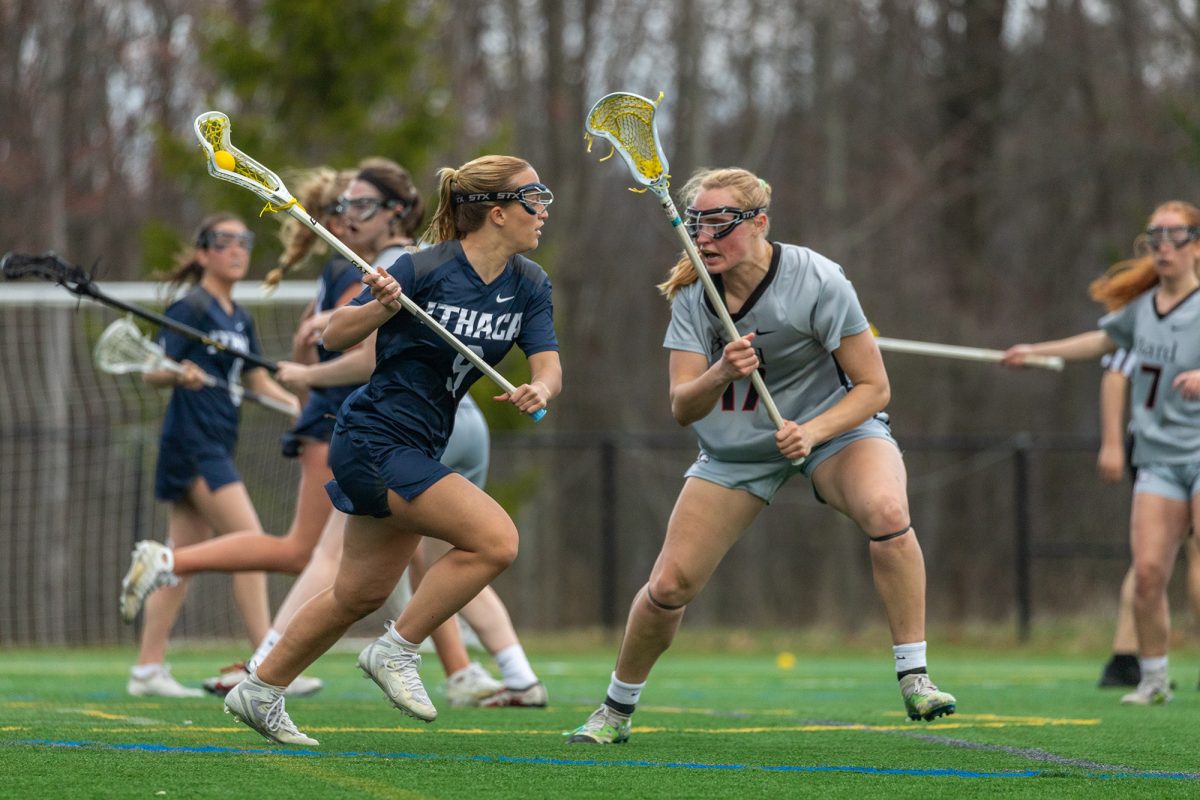 Sophomore attacker Kelly Kilbourn contributes to the stellar offensive performance in the 22-1 win against Bard College April 3 at Higgins Stadium. The Bombers stayed hot the next day, defeating Vassar College 18-6. 