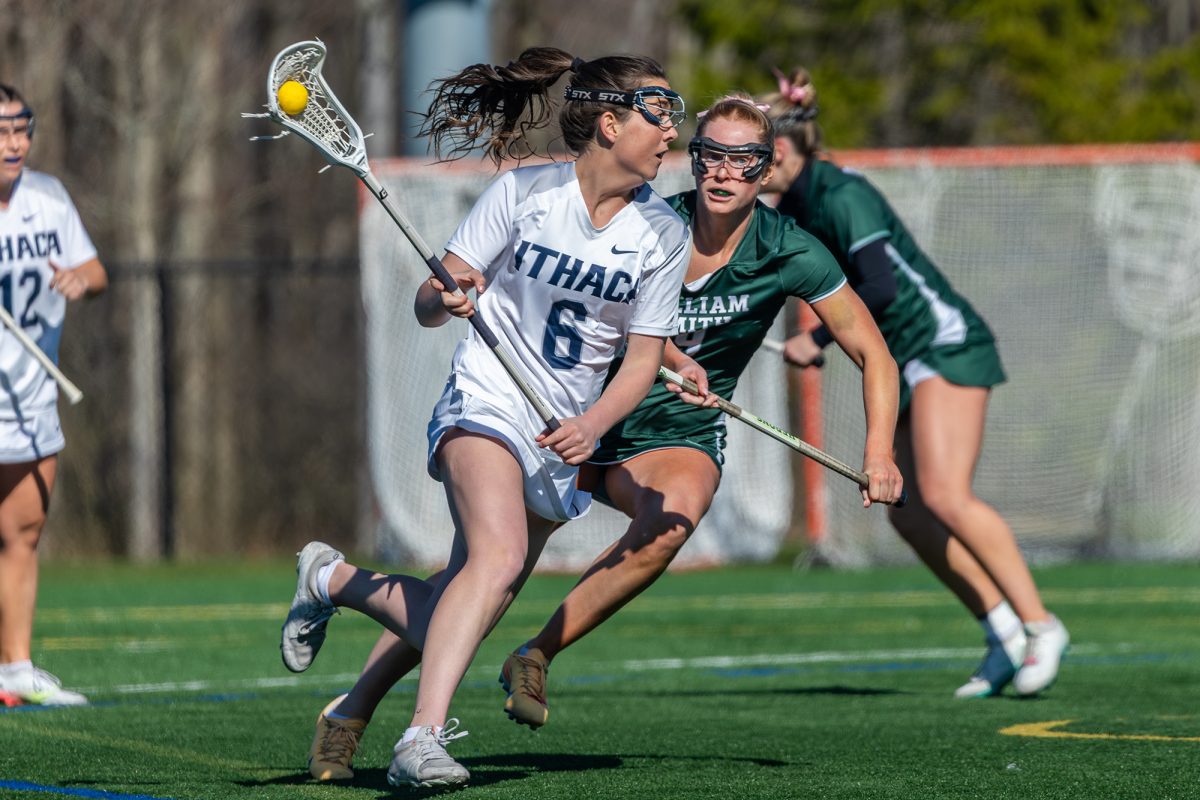 Junior attacker Kelly Augeri powers past a defender in the difficult loss against William Smith College April 8 at Higgins Stadium.